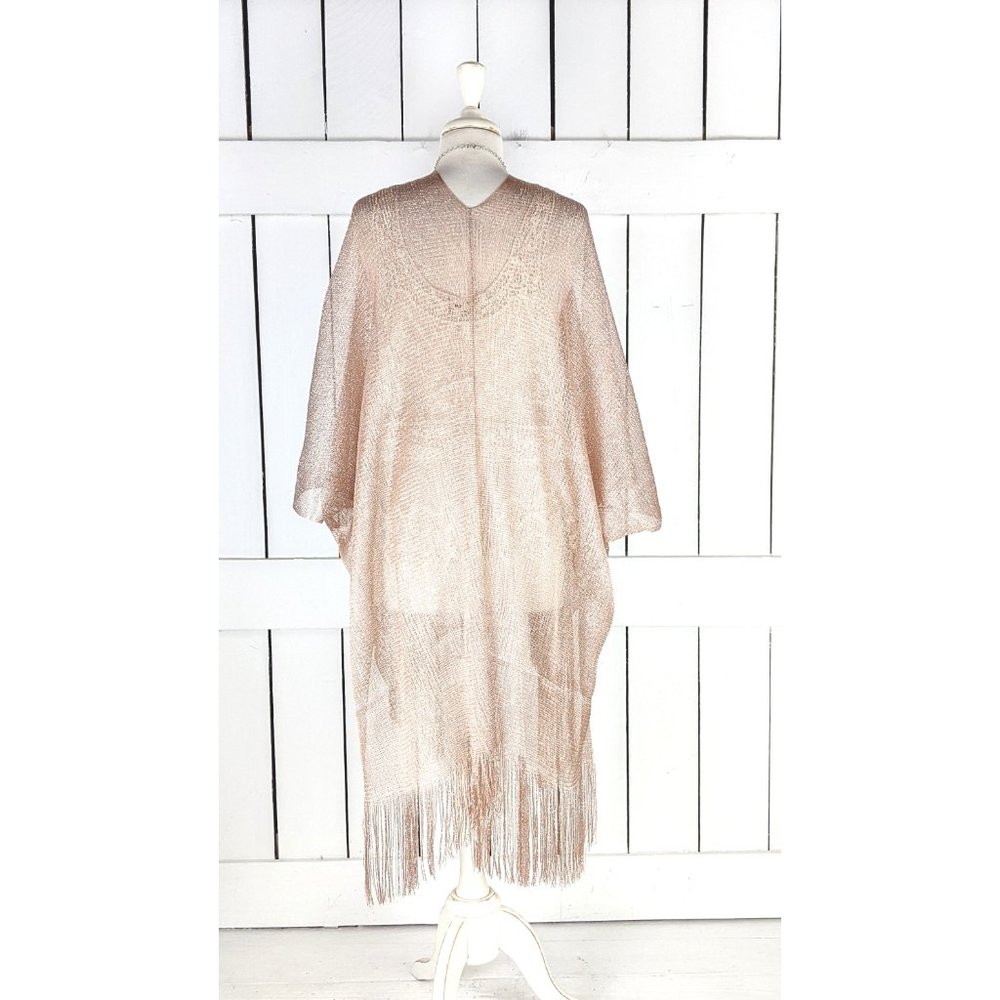 Rose gold metallic mesh kimono cover up fringe jacket - Picture 6 of 6